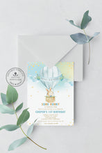 Load image into Gallery viewer, Cute Bunny Hot Air Balloon Blue Personalized Birthday Invitation Editable Template Instant Download HB6