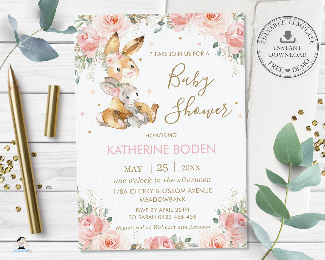 Bunny Rabbit Mommy and Me Blush Pink Floral Baby Shower Invitation - EDITABLE TEMPLATE - Instant Download