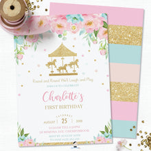 Load image into Gallery viewer, Carousel Pink Mint Floral Personalized Birthday Invitation Editable Template - Digital Printable File - CR2