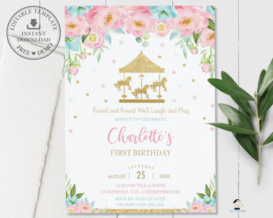 Carousel Pink Mint Floral Personalized Birthday Invitation Editable Template - Digital Printable File - CR2