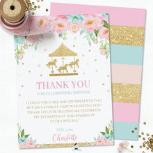 Load image into Gallery viewer, Carousel Pink Mint Floral Personalized Birthday Thank You Card Editable Template - Digital Printable File - CR2