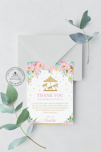 Carousel Pink Mint Floral Personalized Birthday Thank You Card Editable Template - Digital Printable File - CR2