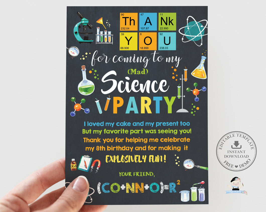 Mad Science Party Thank You Card Printable DIY EDITABLE TEMPLATE, Laboratory Experiment Scientist Chalkboard Boy Birthday SC2
