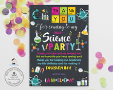 Load image into Gallery viewer, Mad Science Party Thank You Card Printable DIY EDITABLE TEMPLATE, Laboratory Experiment Scientist Chalkboard Girl Birthday SC2
