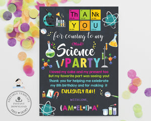 Mad Science Party Thank You Card Printable DIY EDITABLE TEMPLATE, Laboratory Experiment Scientist Chalkboard Girl Birthday SC2