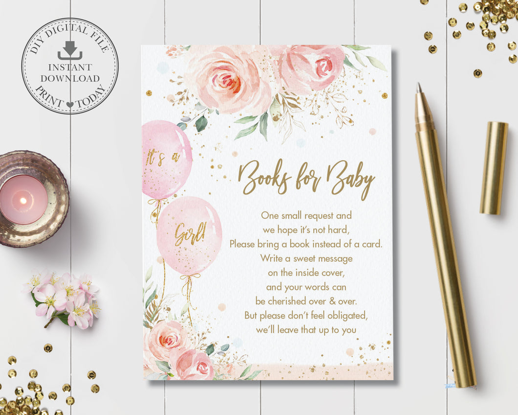 Sweet Blush Pink Floral Balloons Baby Shower Books for Baby Insert Card - Instant Download - Digital Printable File