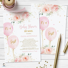 Load image into Gallery viewer, Chic Blush Pink Floral Balloons Baby Shower by Mail Invitation Editable Invitation - Digital Printable File - Instant Download - BA1