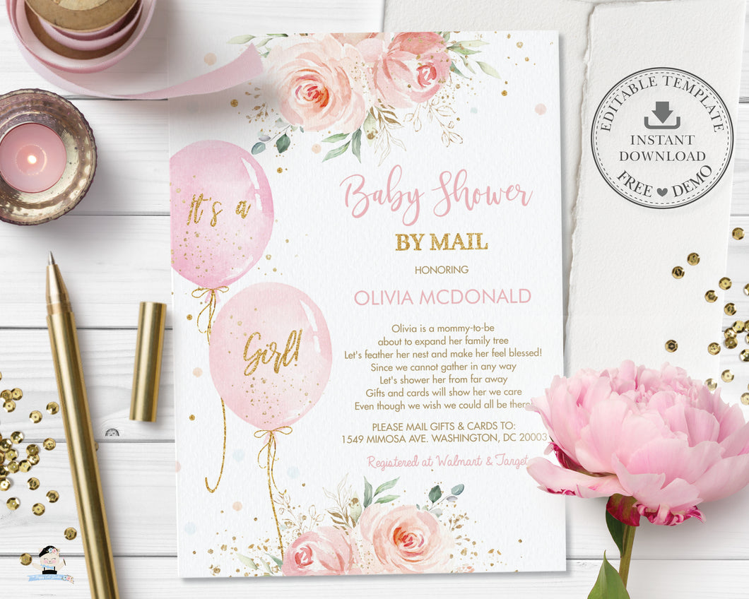 Chic Blush Pink Floral Balloons Baby Shower by Mail Invitation Editable Invitation - Digital Printable File - Instant Download - BA1