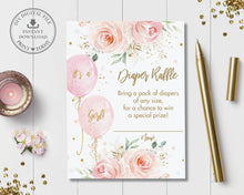 Load image into Gallery viewer, Sweet Blush Pink Floral Balloons Baby Shower Diaper Raffle Insert Card - Instant Download - Digital Printable File
