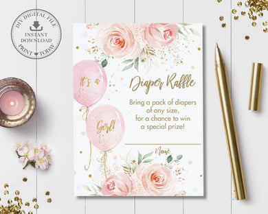 Sweet Blush Pink Floral Balloons Baby Shower Diaper Raffle Insert Card - Instant Download - Digital Printable File