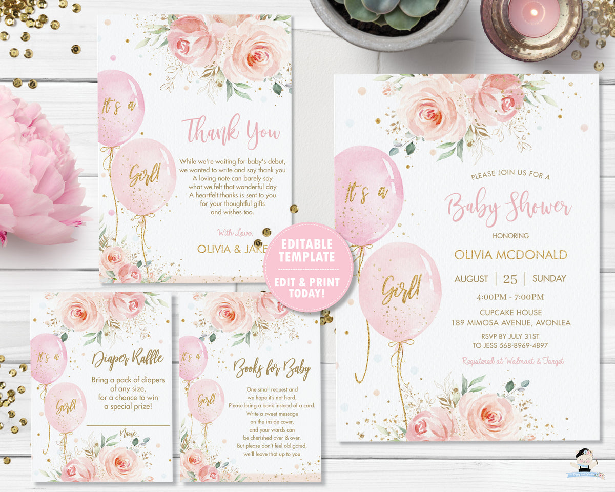 Blush Floral Balloons Baby Shower Invitation Bundle Set - Instant Down ...