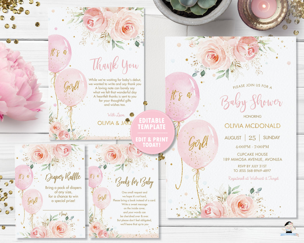 Blush Floral Balloons Baby Shower Invitation Bundle Set - Instant Download - Editable Template - Digital Printable File - BA1