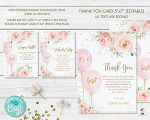 Blush Floral Balloons Baby Shower Invitation Bundle Set - Instant Download - Editable Template - Digital Printable File - BA1