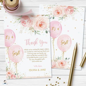 Chic Blush Pink Floral Balloons Baby Shower Thank You Card - Editable Template - Instant Download - Digital Printable File - BA1