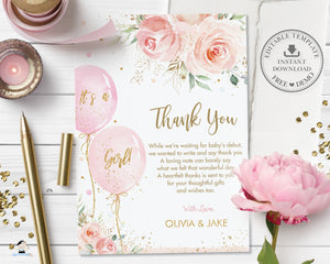 Chic Blush Pink Floral Balloons Baby Shower Thank You Card - Editable Template - Instant Download - Digital Printable File - BA1