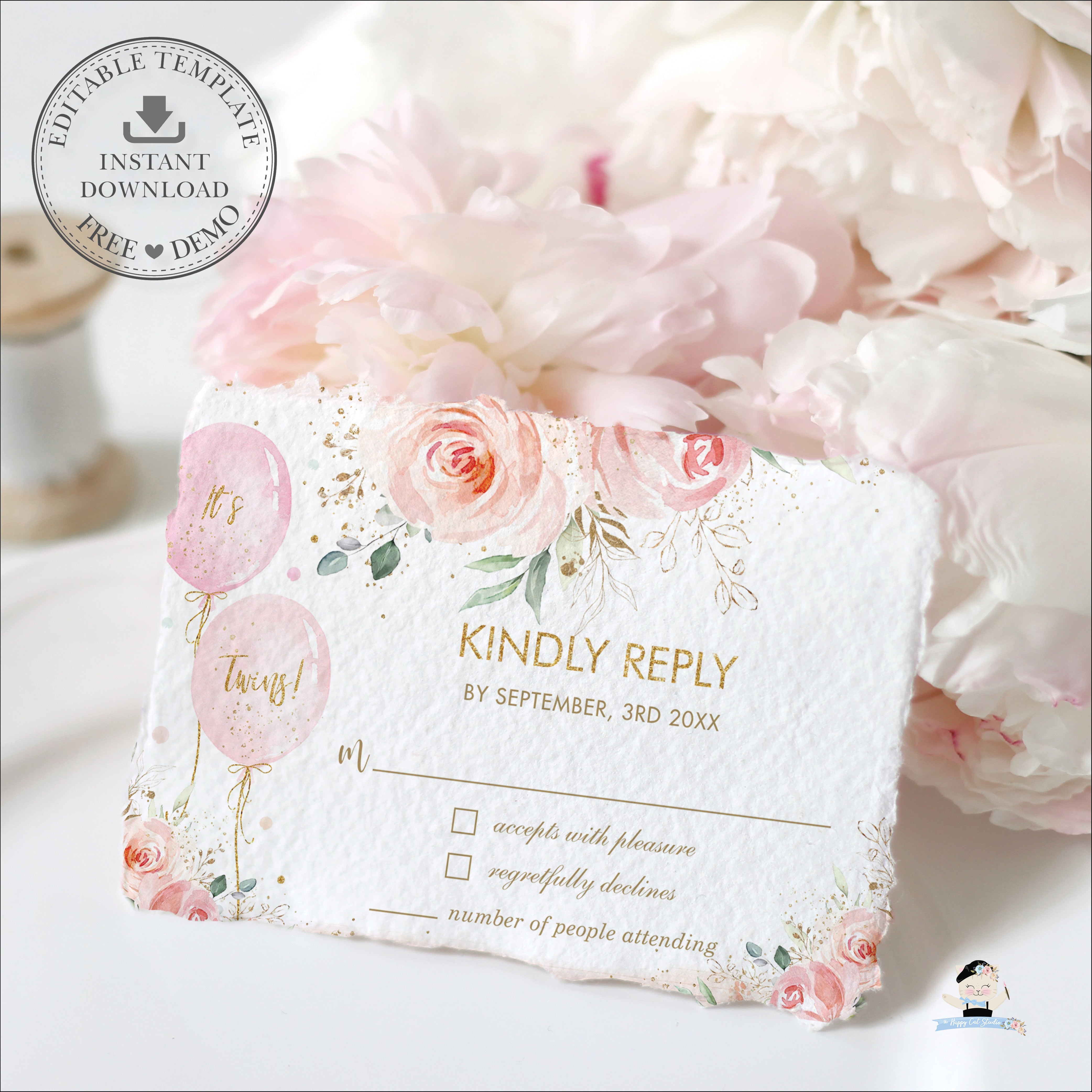 Chic Blush Pink Floral Balloons Twin Girls Baby Shower RSVP Card Edita –  The Happy Cat Studio
