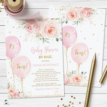 Load image into Gallery viewer, Chic Blush Pink Floral Balloons Twins Baby Shower by Mail Invitation Editable Invitation - Digital Printable File - Instant Download - BA1