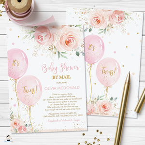 Chic Blush Pink Floral Balloons Twins Baby Shower by Mail Invitation Editable Invitation - Digital Printable File - Instant Download - BA1