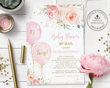 Load image into Gallery viewer, Chic Blush Pink Floral Balloons Twins Baby Shower by Mail Invitation Editable Invitation - Digital Printable File - Instant Download - BA1