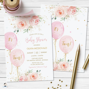 Elegant Blush Pink Floral Balloons Twins Baby Shower Invitation Editable Invitation - Digital Printable File - Instant Download - BA1