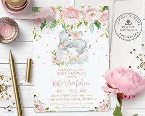 Chic Pink Floral Sleeping Elephant Girl Baby Shower Invitation Editable Template - Digital Printable File - Insant Download - EP13