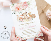 Load image into Gallery viewer, Whimsical Chic Blush Pink Floral Woodland Animals Baby Shower Invitation Printable, EDITABLE TEMPLATE, Cute Deer Bear Fox Rabbit Flowers Evite Digital File WG19
