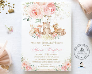 Whimsical Chic Blush Pink Floral Woodland Animals Baby Shower Invitation Printable, EDITABLE TEMPLATE, Cute Deer Bear Fox Rabbit Flowers Evite Digital File WG19