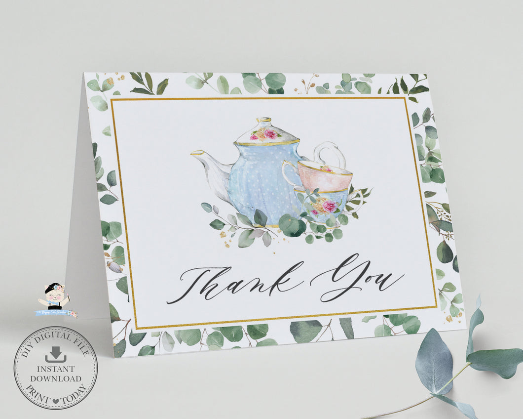 Eucalyptus Greenery Tea Party Folded Tent Thank You Card, INSTANT DOWNLOAD, Royal High Tea Bridal Baby Shower Birthday Printable, TP6