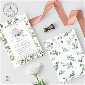 Chic Eucalyptus Greenery High Tea Bridal Shower Invitation Editable Template - Digital Printable Files - Instant Download - TP6