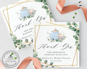 Chic Eucalyptus Greenery High Tea Party Square Favor Tag, EDITABLE TEMPLATE, Bridal Baby Shower Birthday Thank You Printable, INSTANT DOWNLOAD, TP6