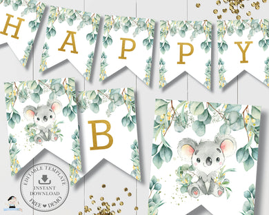 Eucalyptus Greenery Koala Birthday Baby Shower Flag Banner Bunting Decor Editable Template - Digital Printable File - Instant Download - AU2