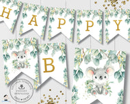 Eucalyptus Greenery Koala Birthday Baby Shower Flag Banner Bunting Decor Editable Template - Digital Printable File - Instant Download - AU2