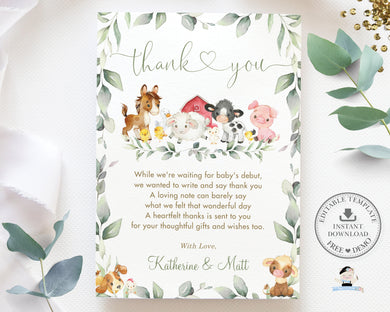 Chic Greenery Farm Animals Barnyard Thank You Card Editable Template - Digital Printable File Instant Download - BY5