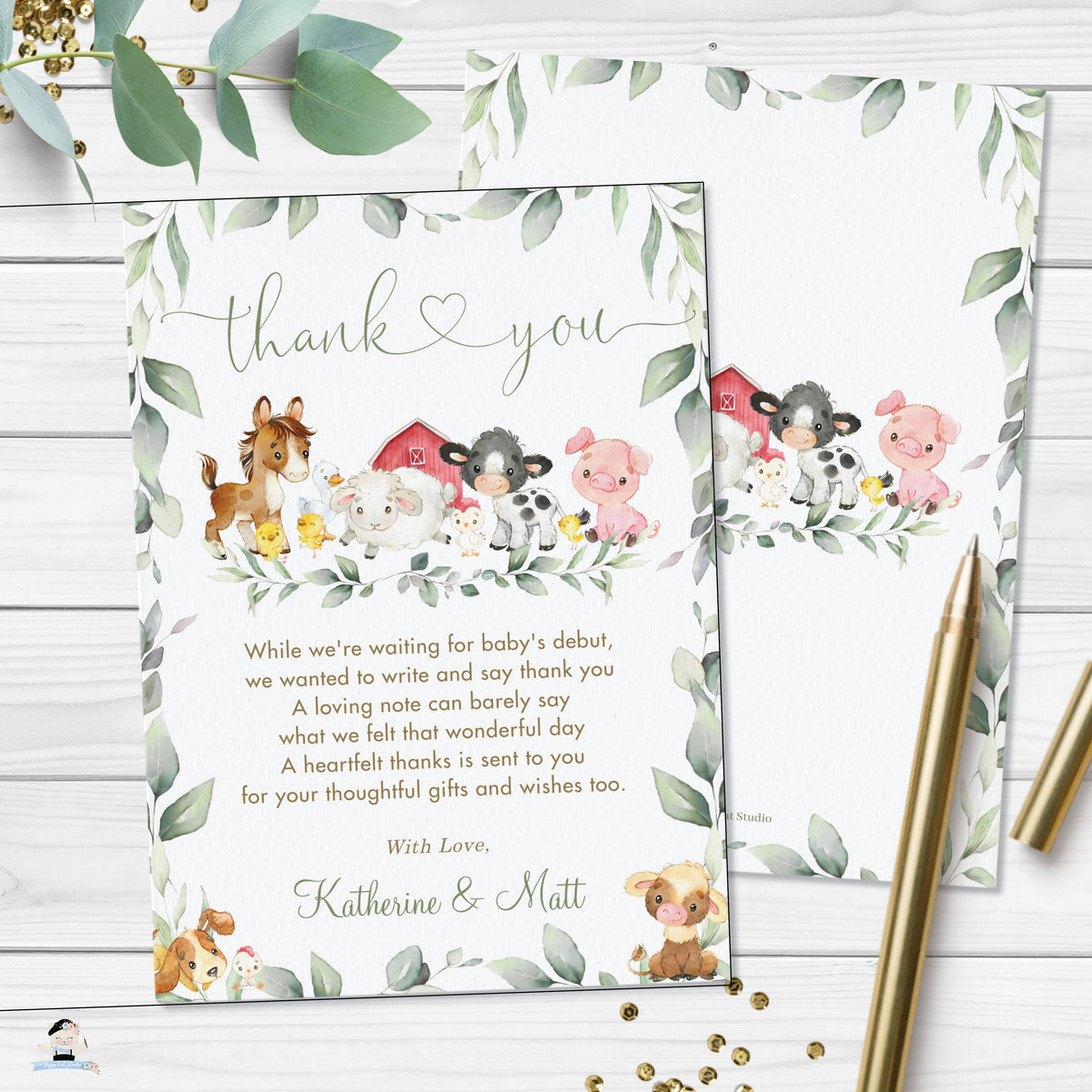 Chic Greenery Farm Animals Barnyard Thank You Card Editable Template ...