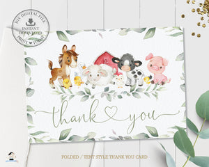 Chic Greenery Farm Animals Barnyard Folded Tent Thank You Card - Instant Download - Digital Printable File - BY5
