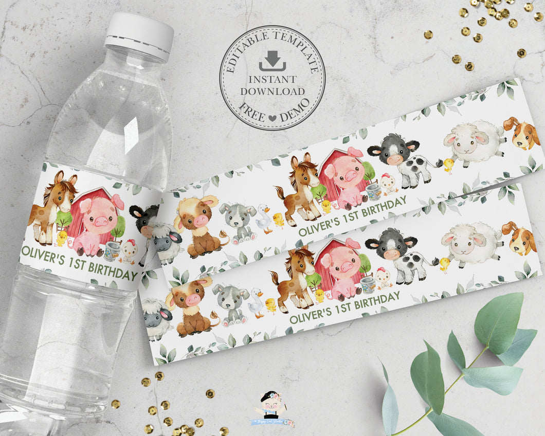 Chic Greenery Barnyard Farm Animals Birthday Baby Shower Water Bottle Labels - Editable Template - Digital Printable File - Instant Download - BY5