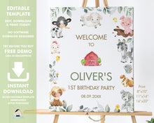 Load image into Gallery viewer, Chic Greenery Barnyard Farm Animals Birthday Baby Shower Welcome Sign - Editable Template - Digital Printable File - BY5