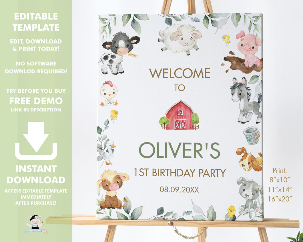 Chic Greenery Barnyard Farm Animals Birthday Baby Shower Welcome Sign - Editable Template - Digital Printable File - BY5