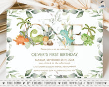 Load image into Gallery viewer, Chic Friendly Dinosaurs Greenery 1st Birthday ONE Invitation EDITABLE TEMPLATE, First Birthday Invite Printable, DS2