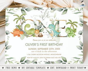 Chic Friendly Dinosaurs Greenery 1st Birthday ONE Invitation EDITABLE TEMPLATE, First Birthday Invite Printable, DS2