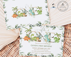 Chic Friendly Dinosaurs Greenery 1st Birthday ONE Invitation EDITABLE TEMPLATE, First Birthday Invite Printable, DS2