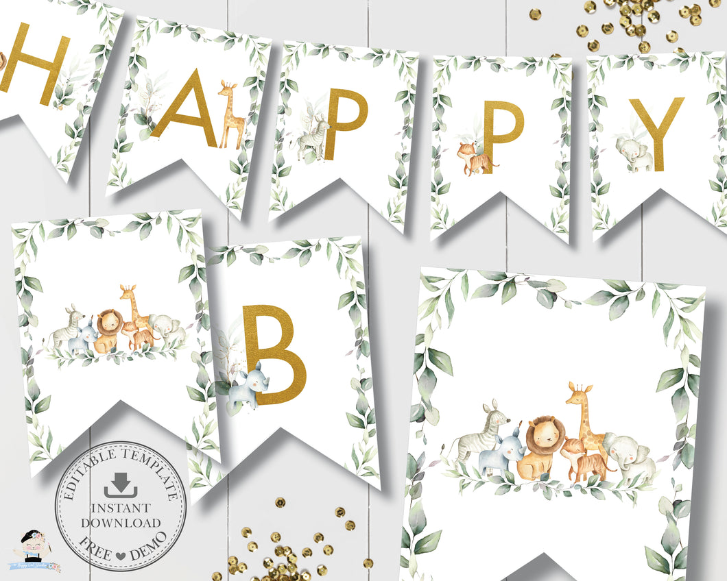 Chic Greenery Jungle Animals Flag Banner Bunting Editable Template - Digital Printable File - Instant Download - JA5
