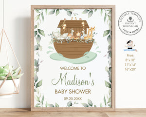 Chic Greenery Noah's Ark Baby Shower Birthday Party Welcome Sign - Editable Template - Digital Printable File - Instant Download - NA1