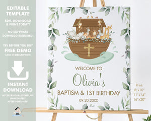 Chic Greenery Noah's Ark Baptism Christening Welcome Sign Editable Template - Digital Printable File - Instant Download - NA1