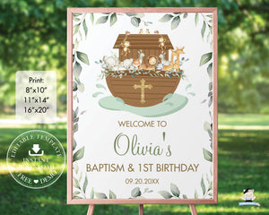 Chic Greenery Noah's Ark Baptism Christening Welcome Sign Editable Template - Digital Printable File - Instant Download - NA1