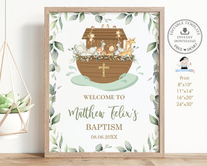 Greenery Noah's Ark Cute Animals Baptism Christening Welcome Sign 24"x30" Editable Template - Digital Printable File - Instant Download - NA1