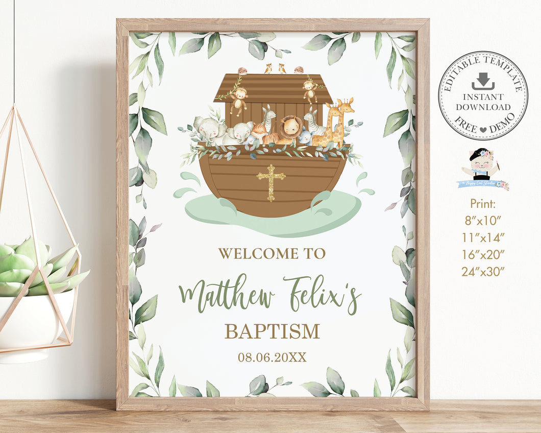 Greenery Noah's Ark Cute Animals Baptism Christening Welcome Sign 24