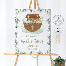 Load image into Gallery viewer, Greenery Noah&#39;s Ark Cute Animals Baptism Christening Welcome Sign 24&quot;x30&quot; Editable Template - Digital Printable File - Instant Download - NA1