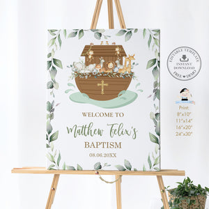 Greenery Noah's Ark Cute Animals Baptism Christening Welcome Sign 24"x30" Editable Template - Digital Printable File - Instant Download - NA1