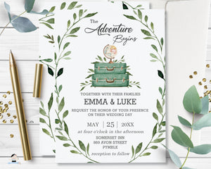 Rustic Greenery The Adventure Begins Wedding Invitation Editable Template - Instant Download - BM1